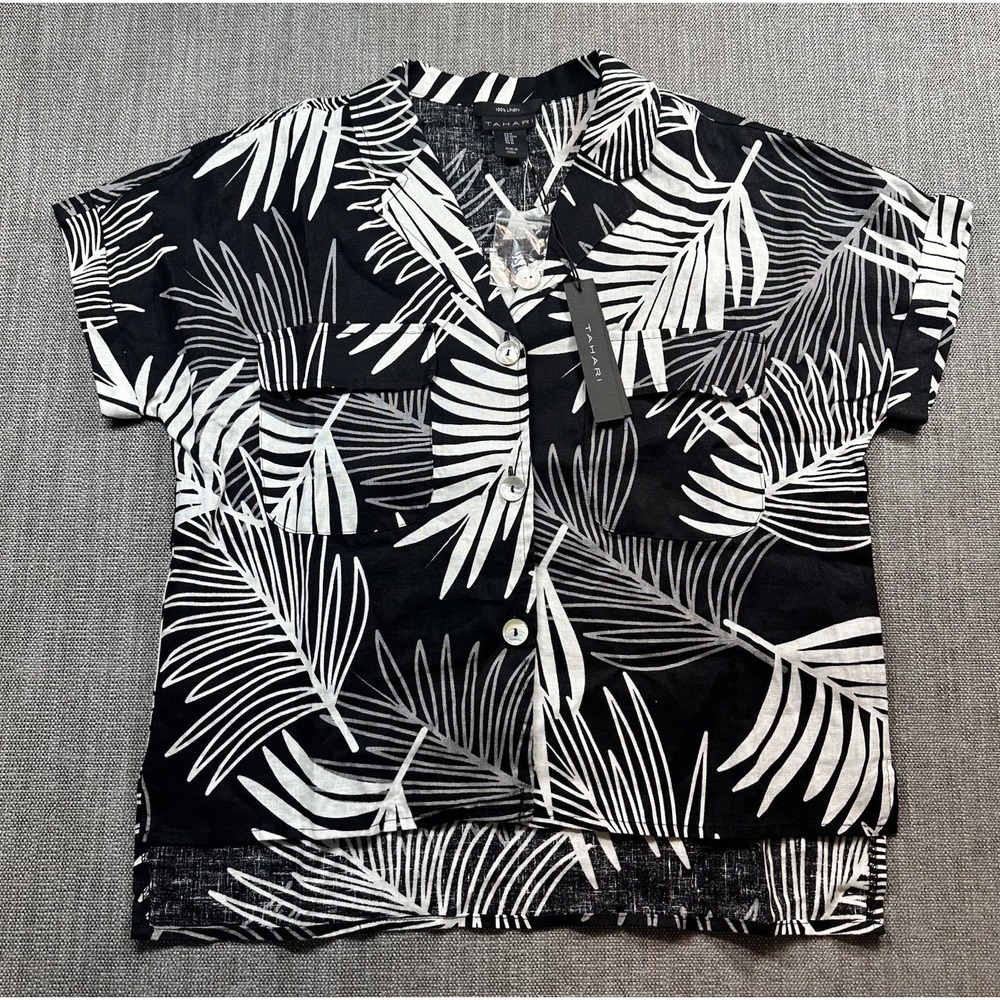 Tahari Women's  Blouse M Linen Tropical Hi-Low  Button‎ Up Resort Vacation